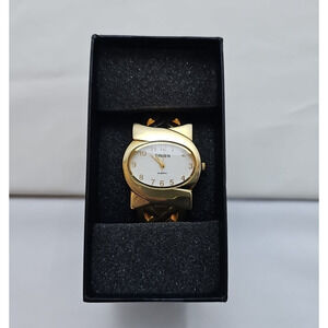 Gruen Womens Wrist Watch Gold Ornate Bracelet Band Gold Trim White Face Quartz